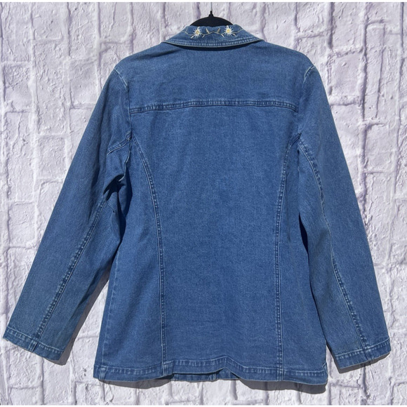 Denim & Co Womens Size M Denim Blazer Embroidered Daisy Jacket Cottage - Picture 2 of 7